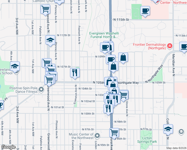 map of restaurants, bars, coffee shops, grocery stores, and more near 10529 Linden Avenue North in Seattle