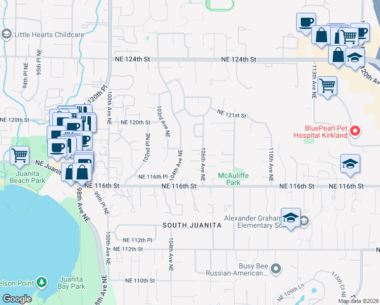 map of restaurants, bars, coffee shops, grocery stores, and more near 10523 Northeast 118th Lane in Kirkland
