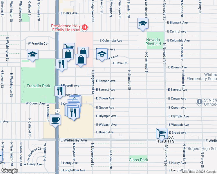 map of restaurants, bars, coffee shops, grocery stores, and more near 425 East Everett Avenue in Spokane