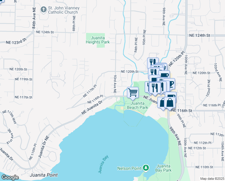 map of restaurants, bars, coffee shops, grocery stores, and more near 11717 93rd Avenue Northeast in Kirkland