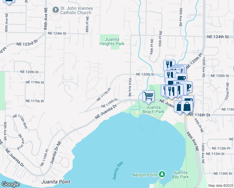 map of restaurants, bars, coffee shops, grocery stores, and more near 11617 91st Lane Northeast in Kirkland