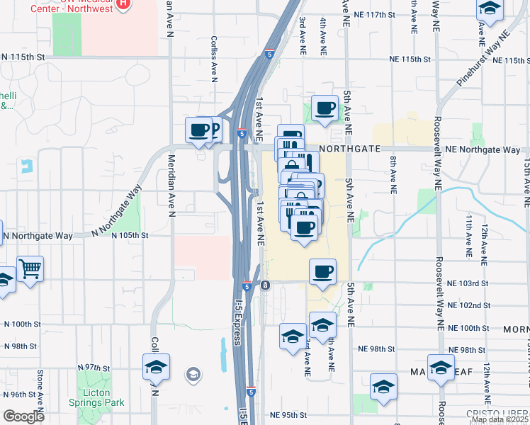 map of restaurants, bars, coffee shops, grocery stores, and more near 10600 1st Avenue Northeast in Seattle