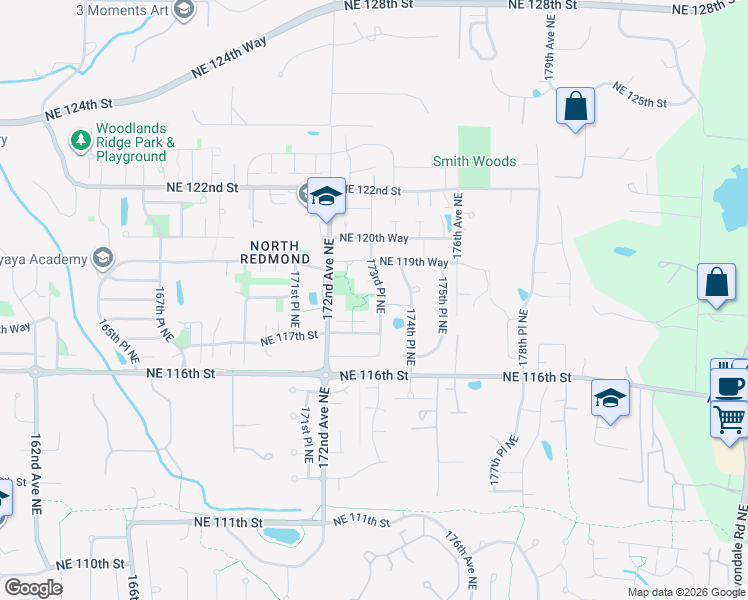 map of restaurants, bars, coffee shops, grocery stores, and more near 11839 173rd Place Northeast in Redmond