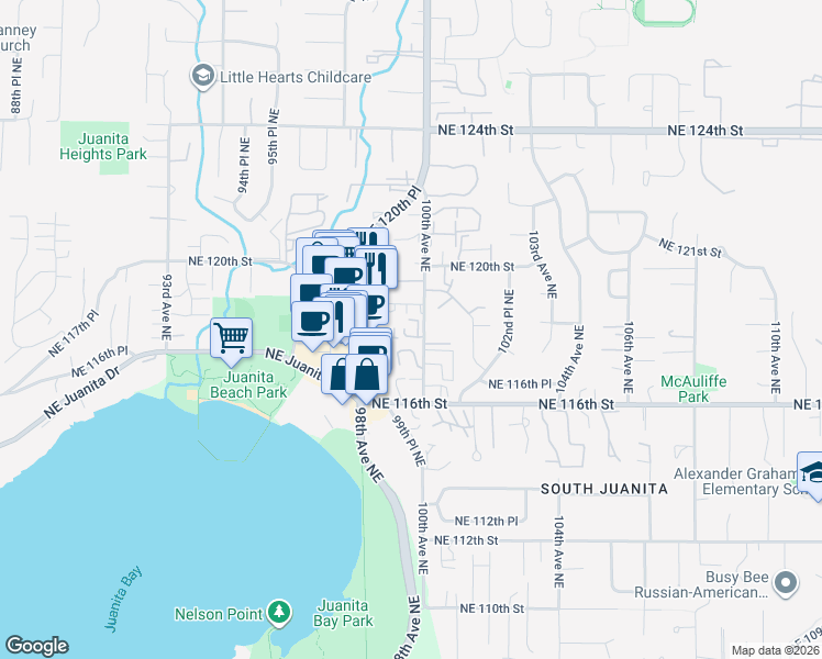 map of restaurants, bars, coffee shops, grocery stores, and more near 11805 100th Avenue Northeast in Kirkland