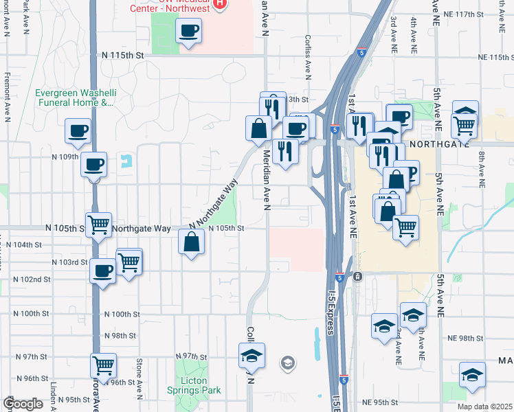map of restaurants, bars, coffee shops, grocery stores, and more near 10521 Meridian Avenue North in Seattle