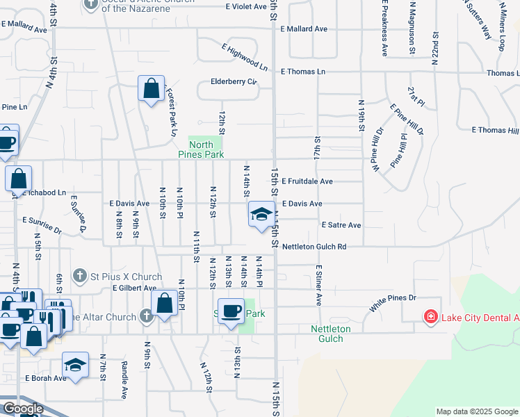map of restaurants, bars, coffee shops, grocery stores, and more near 1631 East Peggy Loop in Coeur d'Alene