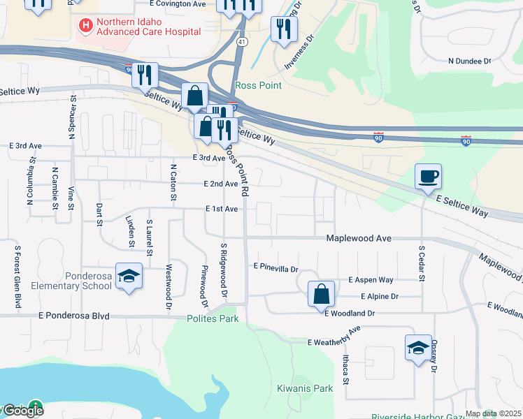 map of restaurants, bars, coffee shops, grocery stores, and more near 113 South Acer Loop in Post Falls