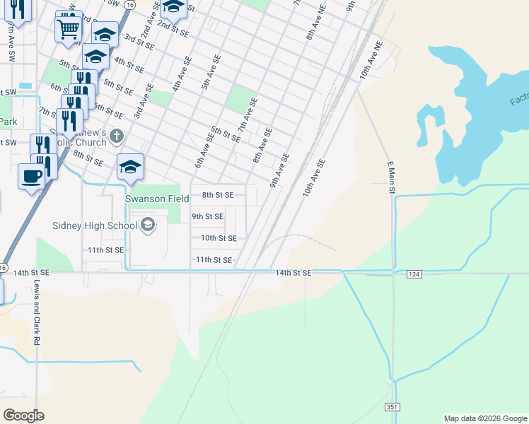 map of restaurants, bars, coffee shops, grocery stores, and more near 810 9th Avenue Southeast in Sidney
