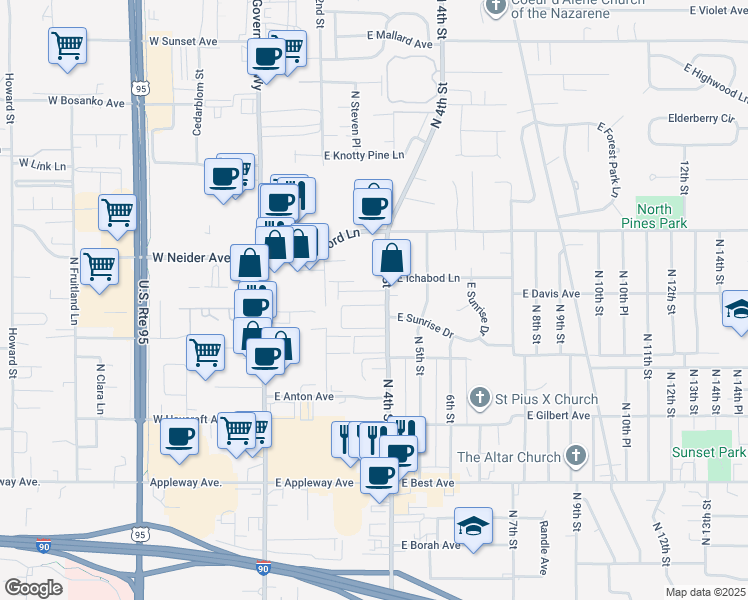 map of restaurants, bars, coffee shops, grocery stores, and more near 3203 North 4th Street in Coeur d'Alene