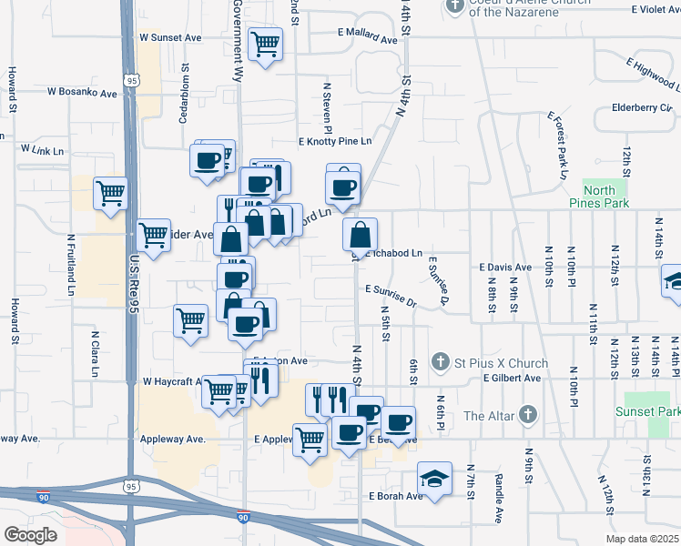 map of restaurants, bars, coffee shops, grocery stores, and more near 284 East Leadora Lane in Coeur d'Alene