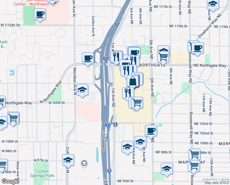 map of restaurants, bars, coffee shops, grocery stores, and more near 10484-10662 1st Ave NE in Seattle