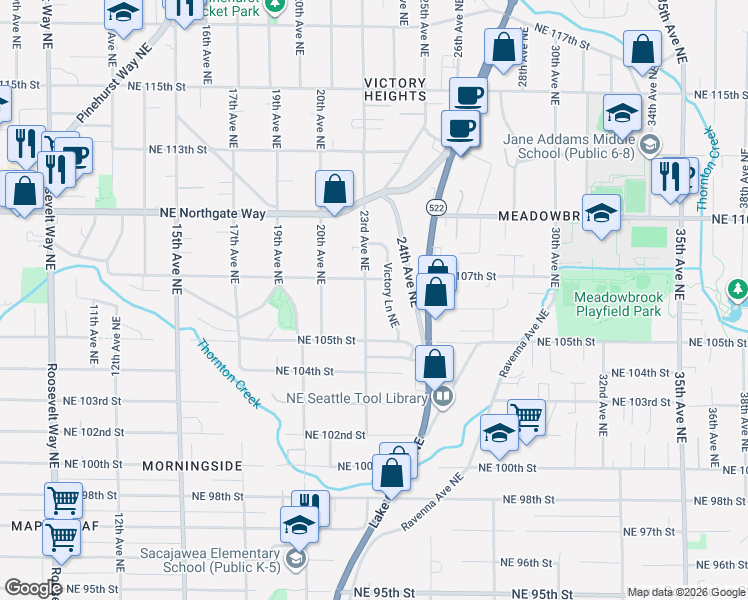 map of restaurants, bars, coffee shops, grocery stores, and more near 10540 23rd Avenue Northeast in Seattle