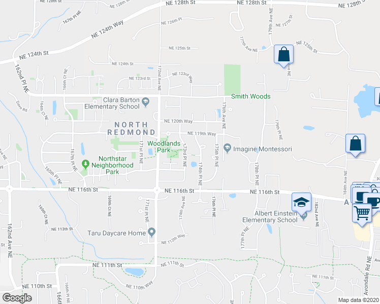 map of restaurants, bars, coffee shops, grocery stores, and more near 17320 Northeast 118th Court in Redmond