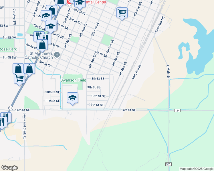 map of restaurants, bars, coffee shops, grocery stores, and more near 815 8th Avenue Southeast in Sidney