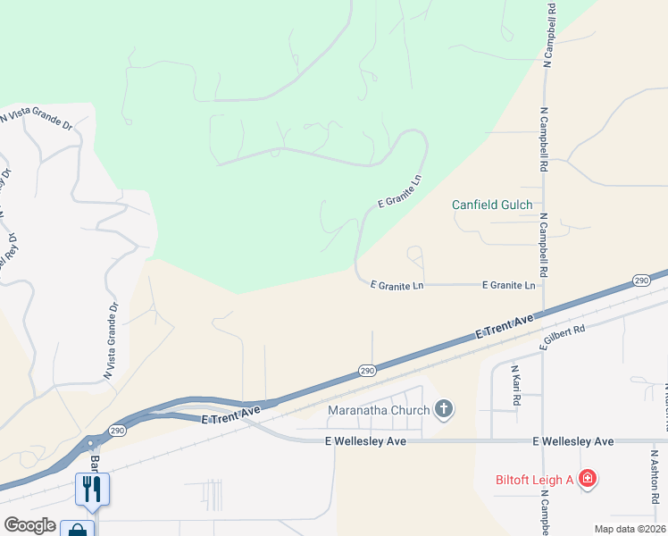 map of restaurants, bars, coffee shops, grocery stores, and more near 19734 East Granite Lane in Spokane County