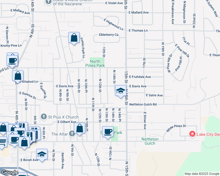 map of restaurants, bars, coffee shops, grocery stores, and more near 3194 North 13th Street in Coeur d'Alene