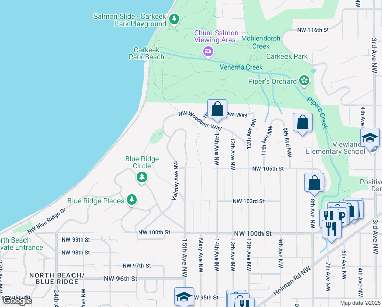 map of restaurants, bars, coffee shops, grocery stores, and more near 10528 15th Avenue Northwest in Seattle