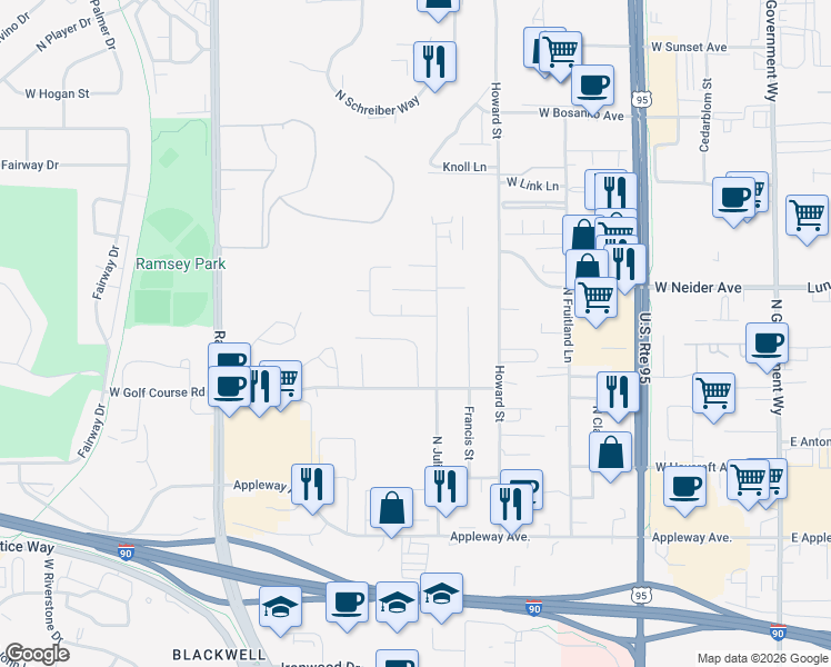 map of restaurants, bars, coffee shops, grocery stores, and more near 1101 West Kristen Avenue in Coeur d'Alene