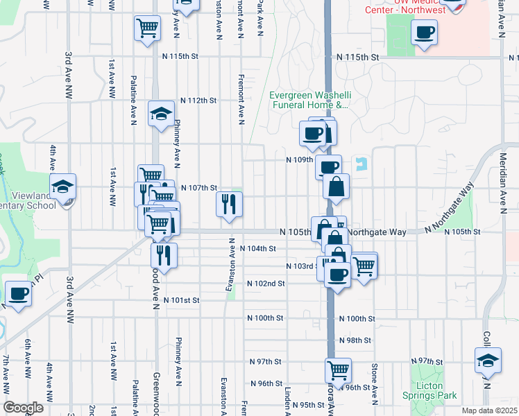 map of restaurants, bars, coffee shops, grocery stores, and more near 10533 North Park Avenue North in Seattle