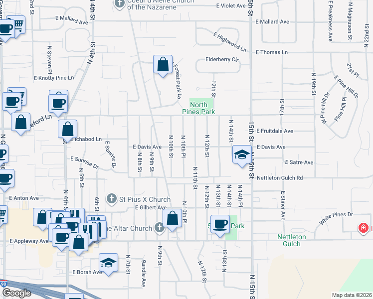 map of restaurants, bars, coffee shops, grocery stores, and more near 3192 North 10th Place in Coeur d'Alene