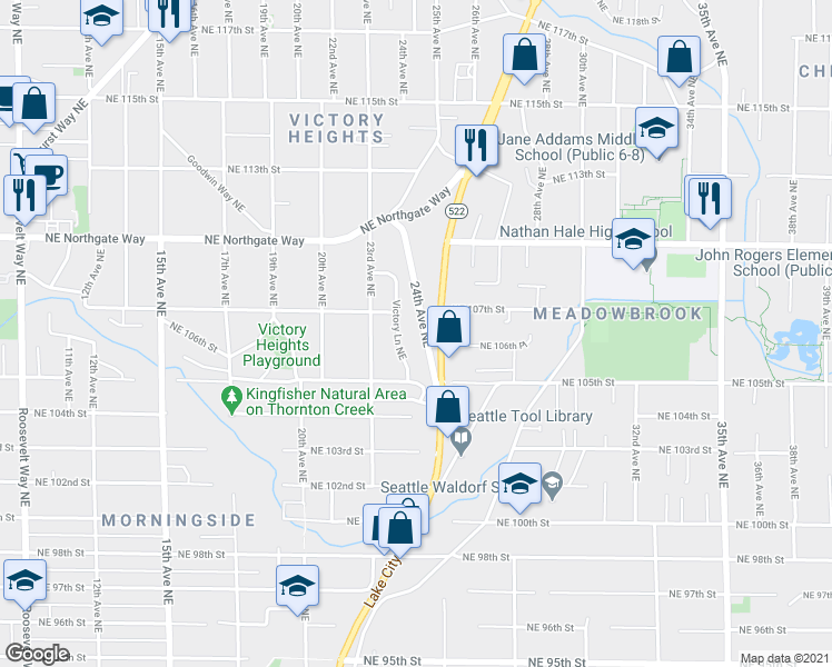 map of restaurants, bars, coffee shops, grocery stores, and more near 10551 24th Avenue Northeast in Seattle