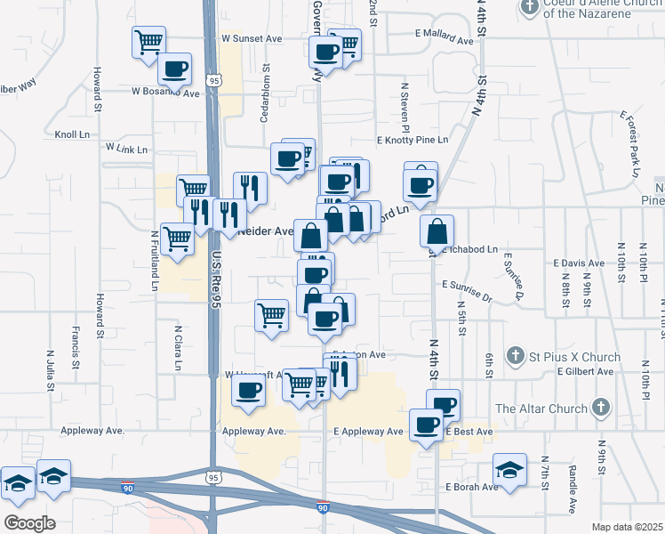 map of restaurants, bars, coffee shops, grocery stores, and more near 3114 North Government Way in Coeur d'Alene