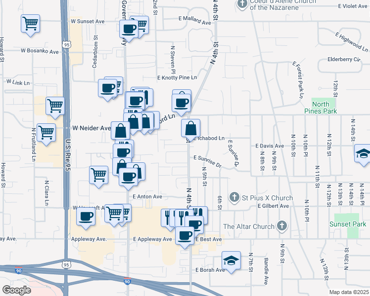 map of restaurants, bars, coffee shops, grocery stores, and more near 3203 North 4th Street in Coeur d'Alene