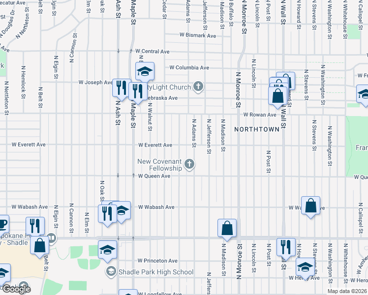 map of restaurants, bars, coffee shops, grocery stores, and more near 5228 North Hawthorne Street in Spokane