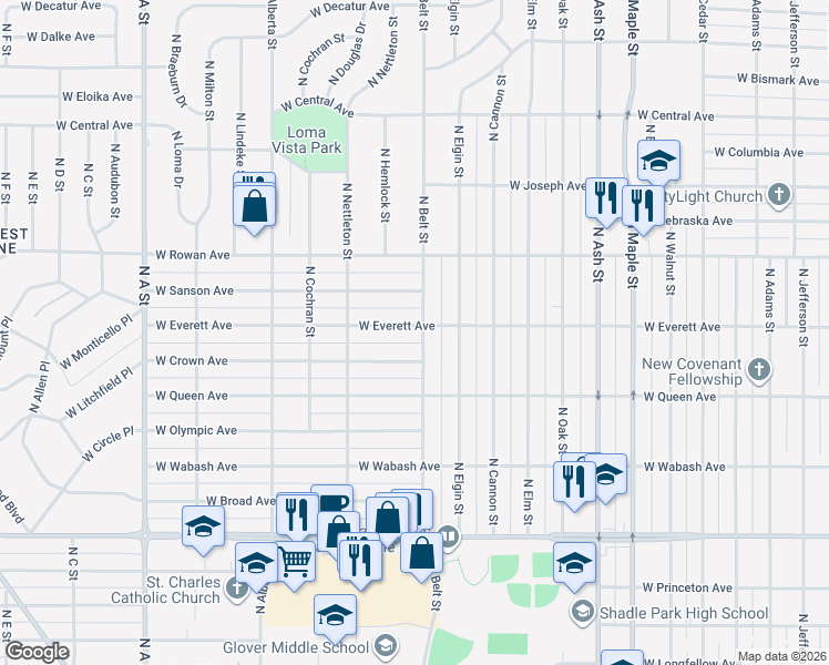 map of restaurants, bars, coffee shops, grocery stores, and more near 2217 West Everett Avenue in Spokane
