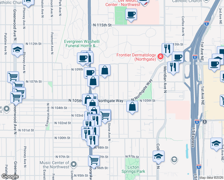 map of restaurants, bars, coffee shops, grocery stores, and more near 10532 Stone Avenue North in Seattle