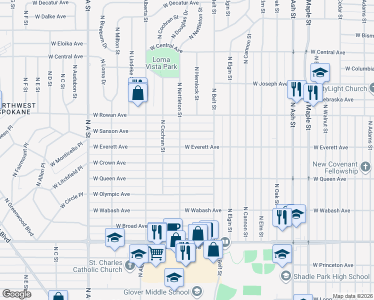map of restaurants, bars, coffee shops, grocery stores, and more near 2317 West Everett Avenue in Spokane