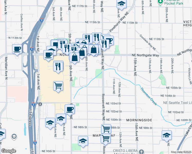 map of restaurants, bars, coffee shops, grocery stores, and more near 10601 Roosevelt Way Northeast in Seattle