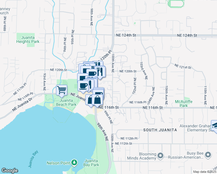 map of restaurants, bars, coffee shops, grocery stores, and more near 11801 100th Avenue Northeast in Kirkland