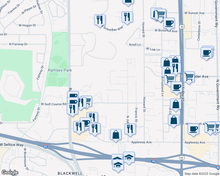 map of restaurants, bars, coffee shops, grocery stores, and more near 1129 West Kristen Avenue in Coeur d'Alene