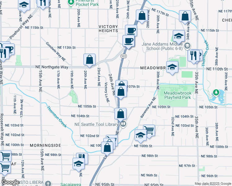map of restaurants, bars, coffee shops, grocery stores, and more near 10700 24th Avenue Northeast in Seattle