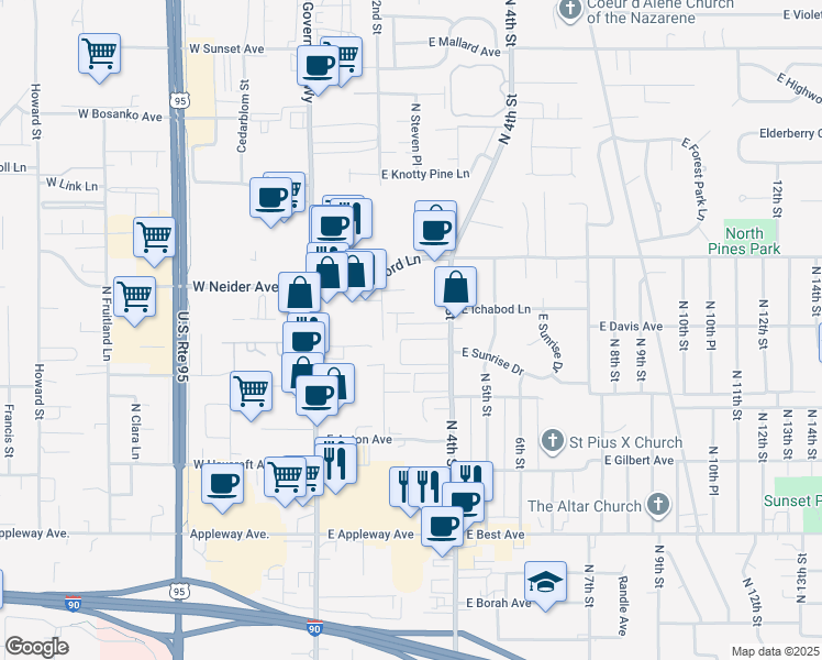 map of restaurants, bars, coffee shops, grocery stores, and more near 284 East Leadora Lane in Coeur d'Alene