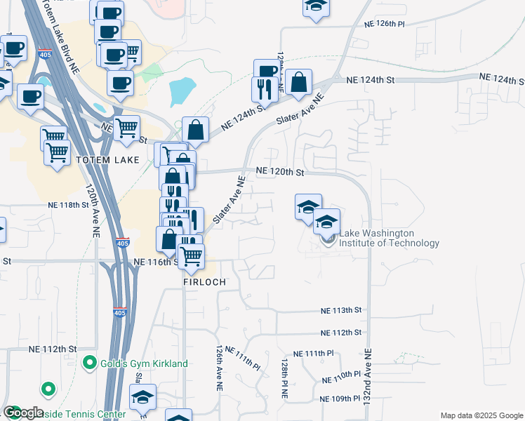 map of restaurants, bars, coffee shops, grocery stores, and more near 12707 Northeast 118th Street in Kirkland