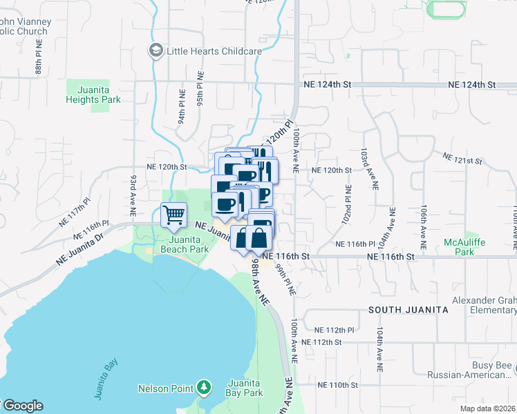 map of restaurants, bars, coffee shops, grocery stores, and more near 11804 98th Avenue Northeast in Kirkland