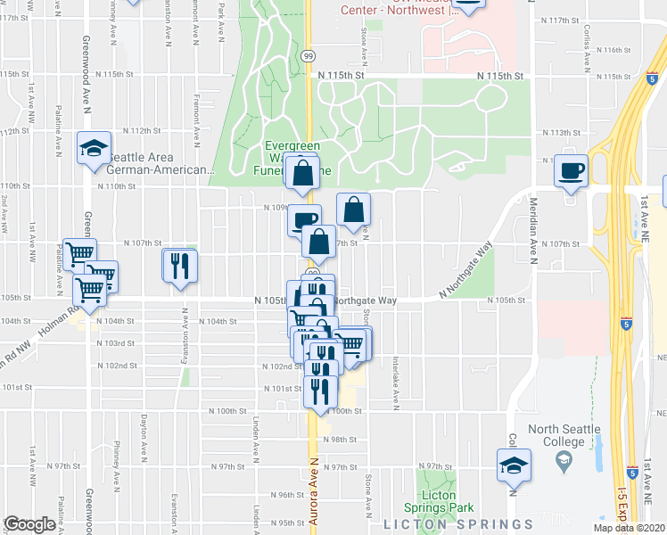 map of restaurants, bars, coffee shops, grocery stores, and more near 10532 Midvale Avenue North in Seattle