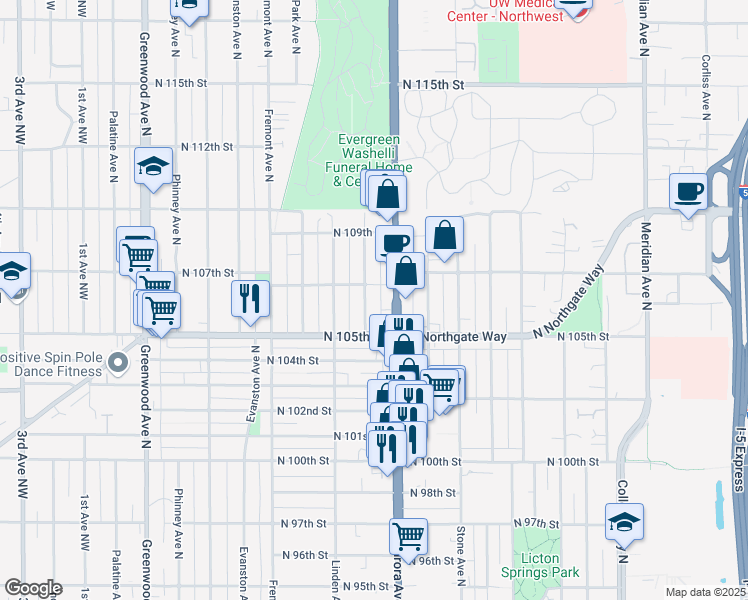 map of restaurants, bars, coffee shops, grocery stores, and more near 10530 Whitman Avenue North in Seattle