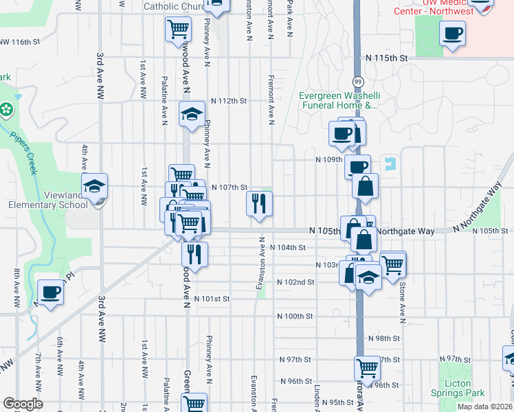 map of restaurants, bars, coffee shops, grocery stores, and more near 614 North 105th Street in Seattle