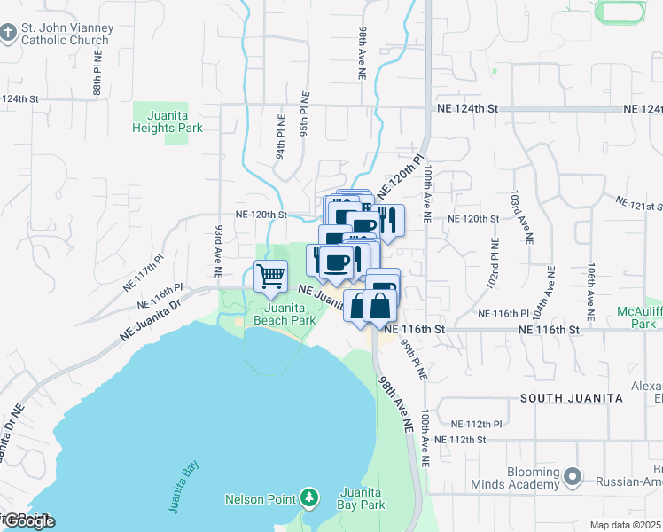 map of restaurants, bars, coffee shops, grocery stores, and more near 7025 Northeast 119th Way in Kirkland