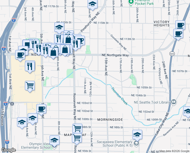 map of restaurants, bars, coffee shops, grocery stores, and more near 1337 Northeast 106th Street in Seattle