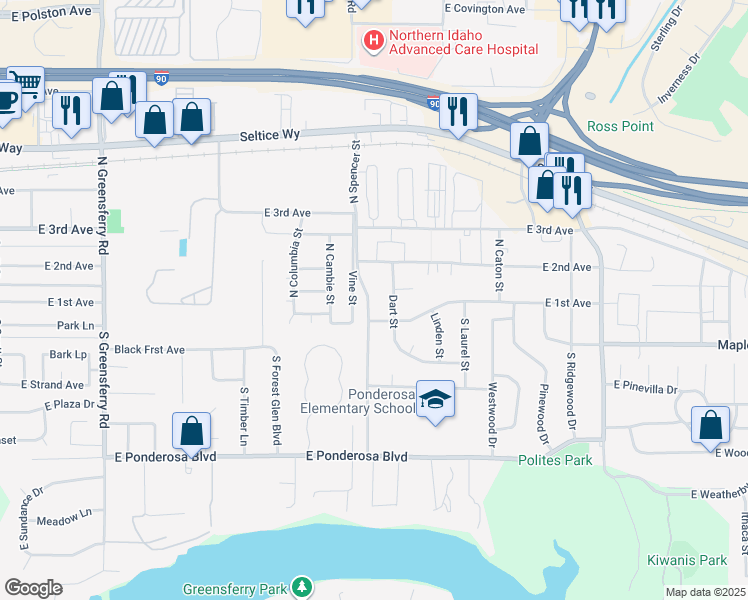 map of restaurants, bars, coffee shops, grocery stores, and more near 150 North Spencer Street in Post Falls