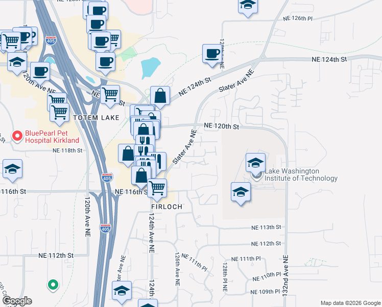 map of restaurants, bars, coffee shops, grocery stores, and more near 12614 Northeast 118th Street in Kirkland