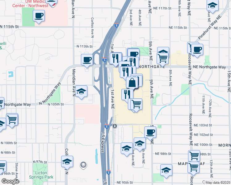 map of restaurants, bars, coffee shops, grocery stores, and more near 10600 1st Avenue Northeast in Seattle