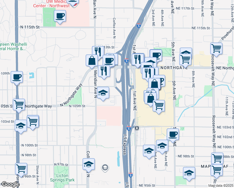 map of restaurants, bars, coffee shops, grocery stores, and more near 2230 North 106th Street in Seattle