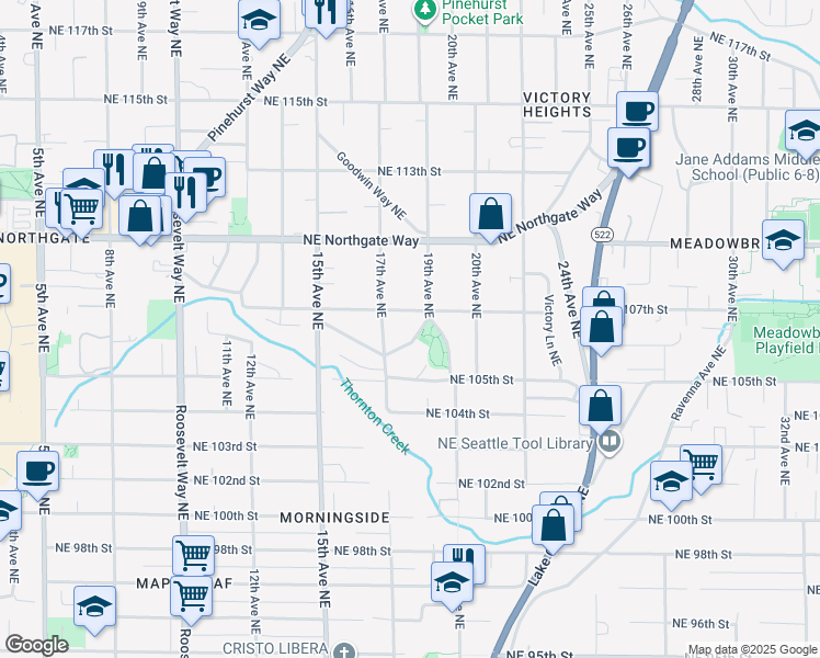 map of restaurants, bars, coffee shops, grocery stores, and more near 1732 Northeast 106th Street in Seattle
