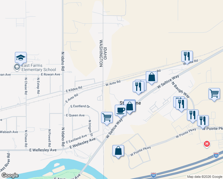 map of restaurants, bars, coffee shops, grocery stores, and more near 450 North Carpet Drive in Post Falls