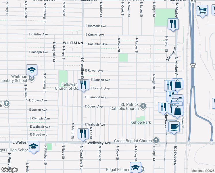 map of restaurants, bars, coffee shops, grocery stores, and more near 2323 East Everett Avenue in Spokane